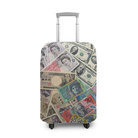 Чехол для чемодана 3D с принтом Деньги в Тюмени, 86% полиэфир, 14% спандекс | двустороннее нанесение принта, прорези для ручек и колес | арт | банкноты | валюта | деньги | доллары | зеленый | иена | красный | серый | синий | фунт стерлингов | юани