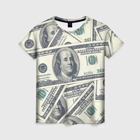Женская футболка 3D с принтом Доллары в Тюмени, 100% полиэфир ( синтетическое хлопкоподобное полотно) | прямой крой, круглый вырез горловины, длина до линии бедер | 100 долларов | арт | банкноты | валюта | деньги | доллары | зеленый | зелень | сто | сто долларов
