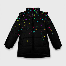 Зимняя куртка для девочек 3D с принтом Праздничное настроение в Тюмени, ткань верха — 100% полиэстер; подклад — 100% полиэстер, утеплитель — 100% полиэстер. | длина ниже бедра, удлиненная спинка, воротник стойка и отстегивающийся капюшон. Есть боковые карманы с листочкой на кнопках, утяжки по низу изделия и внутренний карман на молнии. 

Предусмотрены светоотражающий принт на спинке, радужный светоотражающий элемент на пуллере молнии и на резинке для утяжки. | Тематика изображения на принте: блёстки | веселье | конфетти | праздник | салют