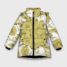 Зимняя куртка для девочек 3D с принтом Khokhloma 11-1 в Тюмени, ткань верха — 100% полиэстер; подклад — 100% полиэстер, утеплитель — 100% полиэстер. | длина ниже бедра, удлиненная спинка, воротник стойка и отстегивающийся капюшон. Есть боковые карманы с листочкой на кнопках, утяжки по низу изделия и внутренний карман на молнии. 

Предусмотрены светоотражающий принт на спинке, радужный светоотражающий элемент на пуллере молнии и на резинке для утяжки. | орнамент | роспись | русский стиль | текстуры | узор