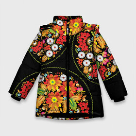 Зимняя куртка для девочек 3D с принтом Khokhloma 10-0 в Тюмени, ткань верха — 100% полиэстер; подклад — 100% полиэстер, утеплитель — 100% полиэстер. | длина ниже бедра, удлиненная спинка, воротник стойка и отстегивающийся капюшон. Есть боковые карманы с листочкой на кнопках, утяжки по низу изделия и внутренний карман на молнии. 

Предусмотрены светоотражающий принт на спинке, радужный светоотражающий элемент на пуллере молнии и на резинке для утяжки. | орнамент | роспись | русский стиль | текстуры | узор