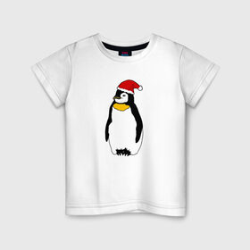 Детская футболка хлопок с принтом Новогодний Пингвин в Тюмени, 100% хлопок | круглый вырез горловины, полуприлегающий силуэт, длина до линии бедер | bird | christmas | ice | new year | winter | арктика | дед мороз | дикий | животные | звери | зима | зимний | колпак | крылья | милый | мультяшный | новый год | пингвины | подарок | праздник | птенец | птица | птичка