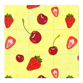 Магнитный плакат 3Х3 с принтом Черешня и клубника в Тюмени, Полимерный материал с магнитным слоем | 9 деталей размером 9*9 см | Тематика изображения на принте: арт | вишня | жёлтый | зеленый | клубника | красный | рисунок | черешня | ягода