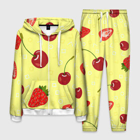 Мужской костюм 3D с принтом Черешня и клубника в Тюмени, 100% полиэстер | Манжеты и пояс оформлены тканевой резинкой, двухслойный капюшон со шнурком для регулировки, карманы спереди | арт | вишня | жёлтый | зеленый | клубника | красный | рисунок | черешня | ягода