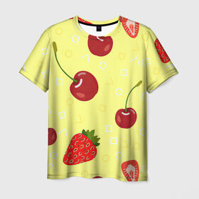 Мужская футболка 3D с принтом Черешня и клубника в Тюмени, 100% полиэфир | прямой крой, круглый вырез горловины, длина до линии бедер | арт | вишня | жёлтый | зеленый | клубника | красный | рисунок | черешня | ягода
