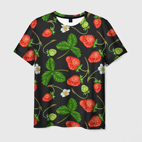 Мужская футболка 3D с принтом Клубника в Тюмени, 100% полиэфир | прямой крой, круглый вырез горловины, длина до линии бедер | арт | белые цветы | белый | белый цветок | зеленый | клубника | красный | листва | листья | растение | рисунок | цветок | цветы