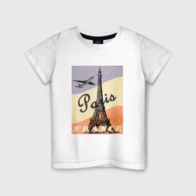 Детская футболка хлопок с принтом Paris/Париж в Тюмени, 100% хлопок | круглый вырез горловины, полуприлегающий силуэт, длина до линии бедер | airplane | city | elf tower | flag | france | illustration | landmark | paris | tower | башня | город | достопримечательность | иллюстрация | париж | самолёт | флаг | флаг франции | франция | эльфивая башня