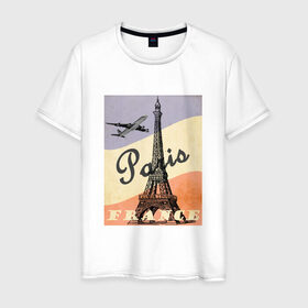 Мужская футболка хлопок с принтом Paris/Париж в Тюмени, 100% хлопок | прямой крой, круглый вырез горловины, длина до линии бедер, слегка спущенное плечо. | airplane | city | elf tower | flag | france | illustration | landmark | paris | tower | башня | город | достопримечательность | иллюстрация | париж | самолёт | флаг | флаг франции | франция | эльфивая башня