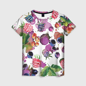 Женская футболка 3D с принтом Ягоды в Тюмени, 100% полиэфир ( синтетическое хлопкоподобное полотно) | прямой крой, круглый вырез горловины, длина до линии бедер | арт | зеленый | краска | краски | красный | листок | листья | малина | пятна | пятна краски | растение | рисунок | синий | тёмный | фиолетовый | чёрная малина | черника