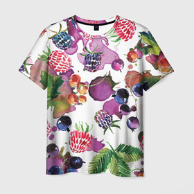 Мужская футболка 3D с принтом Ягоды в Тюмени, 100% полиэфир | прямой крой, круглый вырез горловины, длина до линии бедер | арт | зеленый | краска | краски | красный | листок | листья | малина | пятна | пятна краски | растение | рисунок | синий | тёмный | фиолетовый | чёрная малина | черника