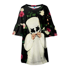 Детское платье 3D с принтом MARSHMELLO в Тюмени, 100% полиэстер | прямой силуэт, чуть расширенный к низу. Круглая горловина, на рукавах — воланы | fortnite | marshmallo | marshmallow | marshmello | marshmellow | маршмелло | маршмеллоу | розы | фортнайт