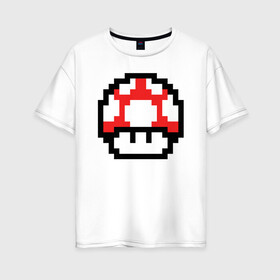 Женская футболка хлопок Oversize с принтом Гриб Марио в Тюмени, 100% хлопок | свободный крой, круглый ворот, спущенный рукав, длина до линии бедер
 | 8 bit | 8 бит | 8bit | 8бит | art | dendy | mario | mushroom | pixel | super | арт | гриб | денди | марио | пиксель | супер