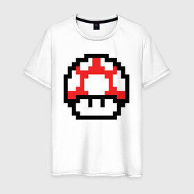 Мужская футболка хлопок с принтом Гриб Марио в Тюмени, 100% хлопок | прямой крой, круглый вырез горловины, длина до линии бедер, слегка спущенное плечо. | 8 bit | 8 бит | 8bit | 8бит | art | dendy | mario | mushroom | pixel | super | арт | гриб | денди | марио | пиксель | супер