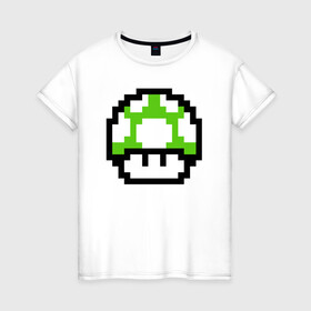 Женская футболка хлопок с принтом Гриб Марио в Тюмени, 100% хлопок | прямой крой, круглый вырез горловины, длина до линии бедер, слегка спущенное плечо | 8 bit | 8 бит | 8bit | 8бит | art | dendy | mario | mushroom | pixel | super | арт | гриб | денди | марио | пиксель | супер