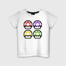 Детская футболка хлопок с принтом Грибы Марио в Тюмени, 100% хлопок | круглый вырез горловины, полуприлегающий силуэт, длина до линии бедер | 8 bit | 8 бит | 8bit | 8бит | art | dendy | mario | mushroom | pixel | super | арт | гриб | денди | марио | пиксель | супер
