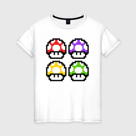 Женская футболка хлопок с принтом Грибы Марио в Тюмени, 100% хлопок | прямой крой, круглый вырез горловины, длина до линии бедер, слегка спущенное плечо | 8 bit | 8 бит | 8bit | 8бит | art | dendy | mario | mushroom | pixel | super | арт | гриб | денди | марио | пиксель | супер