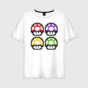 Женская футболка хлопок Oversize с принтом Грибы Марио в Тюмени, 100% хлопок | свободный крой, круглый ворот, спущенный рукав, длина до линии бедер
 | 8 bit | 8 бит | 8bit | 8бит | art | dendy | mario | mushroom | pixel | super | арт | гриб | денди | марио | пиксель | супер