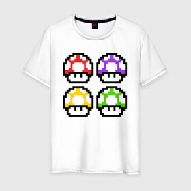 Мужская футболка хлопок с принтом Грибы Марио в Тюмени, 100% хлопок | прямой крой, круглый вырез горловины, длина до линии бедер, слегка спущенное плечо. | 8 bit | 8 бит | 8bit | 8бит | art | dendy | mario | mushroom | pixel | super | арт | гриб | денди | марио | пиксель | супер