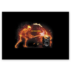 Поздравительная открытка с принтом Metallica в Тюмени, 100% бумага | плотность бумаги 280 г/м2, матовая, на обратной стороне линовка и место для марки
 | Тематика изображения на принте: fire | flame | guitar | metallica | music | rock | skeleton | skull | trashmetal | гитара | металлика | музыка | огонь | пламя | рок | скелет | череп