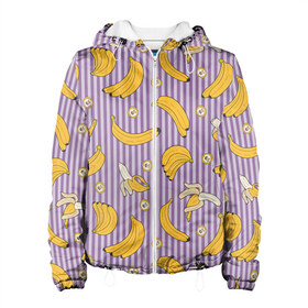 Женская куртка 3D с принтом Бананчики в Тюмени, ткань верха — 100% полиэстер, подклад — флис | прямой крой, подол и капюшон оформлены резинкой с фиксаторами, два кармана без застежек по бокам, один большой потайной карман на груди. Карман на груди застегивается на липучку | banana | pattern | pattern banana | банан | банана | банановый паттерн | бананчик | бананчики | бананы | еда | паттерн | полоса | полосы | фрукт | фрукты
