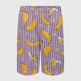 Детские спортивные шорты 3D с принтом Бананчики в Тюмени,  100% полиэстер
 | пояс оформлен широкой мягкой резинкой, ткань тянется
 | Тематика изображения на принте: banana | pattern | pattern banana | банан | банана | банановый паттерн | бананчик | бананчики | бананы | еда | паттерн | полоса | полосы | фрукт | фрукты