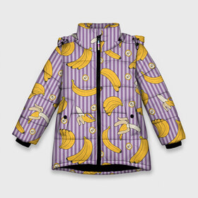 Зимняя куртка для девочек 3D с принтом Бананчики в Тюмени, ткань верха — 100% полиэстер; подклад — 100% полиэстер, утеплитель — 100% полиэстер. | длина ниже бедра, удлиненная спинка, воротник стойка и отстегивающийся капюшон. Есть боковые карманы с листочкой на кнопках, утяжки по низу изделия и внутренний карман на молнии. 

Предусмотрены светоотражающий принт на спинке, радужный светоотражающий элемент на пуллере молнии и на резинке для утяжки. | banana | pattern | pattern banana | банан | банана | банановый паттерн | бананчик | бананчики | бананы | еда | паттерн | полоса | полосы | фрукт | фрукты