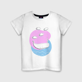 Детская футболка хлопок с принтом Кит парит в облаках в Тюмени, 100% хлопок | круглый вырез горловины, полуприлегающий силуэт, длина до линии бедер | вода | волны | кит | китенок | морской | нарисованный кит | облака | рисованный кит