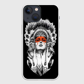Чехол для iPhone 13 mini с принтом Женщина индеец в Тюмени,  |  | девушка индеец | индеец | перья на голове | перья. | татуировки
