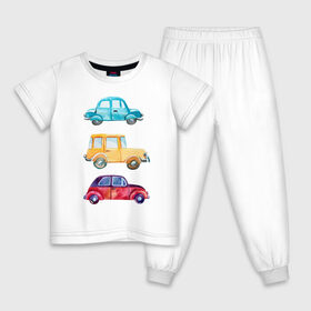 Детская пижама хлопок с принтом три машинки в Тюмени, 100% хлопок |  брюки и футболка прямого кроя, без карманов, на брюках мягкая резинка на поясе и по низу штанин
 | акварель | иллюстрация | машинки | машины | ретро