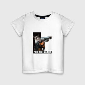 Детская футболка хлопок с принтом Муррминатор в Тюмени, 100% хлопок | круглый вырез горловины, полуприлегающий силуэт, длина до линии бедер | cat | mem | кот | кот с оружием | котик | мем | прикол | смешной кот | терминатор | фильм | юмор