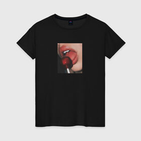 Женская футболка хлопок с принтом CHUPA CHUPS в Тюмени, 100% хлопок | прямой крой, круглый вырез горловины, длина до линии бедер, слегка спущенное плечо | винишко тян | губы | девушка | сохры . | чупа чупс