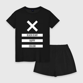 Женская пижама с шортиками хлопок с принтом Black Color в Тюмени, 100% хлопок | футболка прямого кроя, шорты свободные с широкой мягкой резинкой | белый | геометрия | крестик | прямоугольники | счастливый | текст | цвет | черно белый | черный
