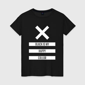 Женская футболка хлопок с принтом Black Color в Тюмени, 100% хлопок | прямой крой, круглый вырез горловины, длина до линии бедер, слегка спущенное плечо | белый | геометрия | крестик | прямоугольники | счастливый | текст | цвет | черно белый | черный