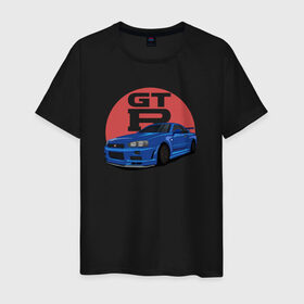 Мужская футболка хлопок с принтом Nissan GT-R 34 в Тюмени, 100% хлопок | прямой крой, круглый вырез горловины, длина до линии бедер, слегка спущенное плечо. | drift | gt r 34 | nissan gtr | r34 | skyline