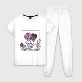 Женская пижама хлопок с принтом Цветы в рамке в Тюмени, 100% хлопок | брюки и футболка прямого кроя, без карманов, на брюках мягкая резинка на поясе и по низу штанин | графика | линии | рамка | растение | ртуть | цветы