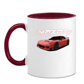 Кружка двухцветная с принтом Mazda RX-7 в Тюмени, керамика | объем — 330 мл, диаметр — 80 мм. Цветная ручка и кайма сверху, в некоторых цветах — вся внутренняя часть | drift | mazda | mazda rx7 | rotary | rx 7 | stance