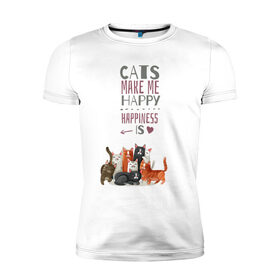 Мужская футболка хлопок Slim с принтом Кошки делают меня счастливым в Тюмени, 92% хлопок, 8% лайкра | приталенный силуэт, круглый вырез ворота, длина до линии бедра, короткий рукав | Тематика изображения на принте: cat | cats | cats make me happy | happiness is | kitty | животное | животные | звери | зверь | кот | коты | котята | котятки | кошки | кошки делают меня счастливым | мур | надпись | сердечко | сердце | хищники