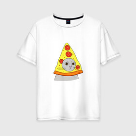 Женская футболка хлопок Oversize с принтом Кот и пицца в Тюмени, 100% хлопок | свободный крой, круглый ворот, спущенный рукав, длина до линии бедер
 | еда | животные | кот | кот в пицце | котик | кошка | мем | прикол | смешной | юмор