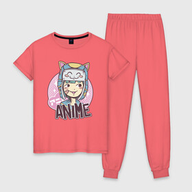 Женская пижама хлопок с принтом Anime Girl в Тюмени, 100% хлопок | брюки и футболка прямого кроя, без карманов, на брюках мягкая резинка на поясе и по низу штанин | cartoon | cat | cute | girls | japan | japanese | kawaii | kitty | manga | tsundere | waifu | yandere | аниме | анимэ | вайфу | дандере | девочка | девушка | дередере | кавайная | котик | манга | милая | мультик | мультики | цундере | яндере | 
