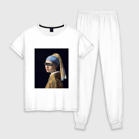 Женская пижама хлопок с принтом Девушка с жемчужной сережкой в Тюмени, 100% хлопок | брюки и футболка прямого кроя, без карманов, на брюках мягкая резинка на поясе и по низу штанин | девушка с жемчужной сережкой | живопись | картина | маурицхёйс | мона лиза