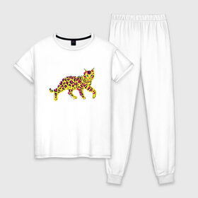 Женская пижама хлопок с принтом Бенгальский кот в Тюмени, 100% хлопок | брюки и футболка прямого кроя, без карманов, на брюках мягкая резинка на поясе и по низу штанин | Тематика изображения на принте: bengal | cat | color | colorful | kitten | kitty | puss | pussycat | tiger | vivid | бенгал | бенгальская | грация | киса | киска | кот | котенок | котик | кошатник | кошатница | кошка | леопард | леопардовая | люблю котов | малайзия