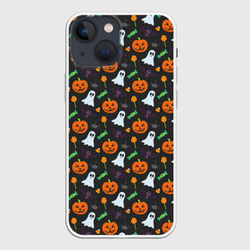 Чехол для iPhone 13 mini с принтом Праздничный хэллоуин в Тюмени,  |  | арт | белое | джек | зеленый | конфеты | оранжевые | привидение | рисунок | светильник джека | свеча | сладкое | тёмное | тыква | тыквы | фиолетовое | фонарь джека | хэллоуин