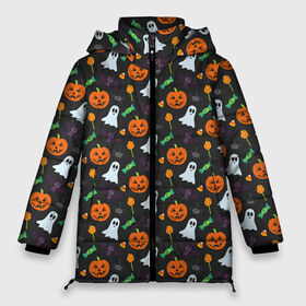Женская зимняя куртка 3D с принтом Праздничный хэллоуин в Тюмени, верх — 100% полиэстер; подкладка — 100% полиэстер; утеплитель — 100% полиэстер | длина ниже бедра, силуэт Оверсайз. Есть воротник-стойка, отстегивающийся капюшон и ветрозащитная планка. 

Боковые карманы с листочкой на кнопках и внутренний карман на молнии | арт | белое | джек | зеленый | конфеты | оранжевые | привидение | рисунок | светильник джека | свеча | сладкое | тёмное | тыква | тыквы | фиолетовое | фонарь джека | хэллоуин