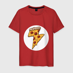 Мужская футболка хлопок с принтом PIZZA-HERO в Тюмени, 100% хлопок | прямой крой, круглый вырез горловины, длина до линии бедер, слегка спущенное плечо. | Тематика изображения на принте: flash | food | hero | pizza | shaldon | еда | коммиксы | молния | пиццабгерой | фастфуд. | флэш | шелдон