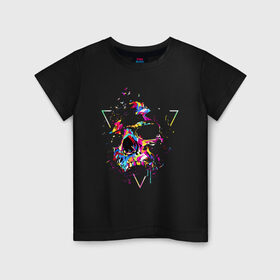 Детская футболка хлопок с принтом Skull в Тюмени, 100% хлопок | круглый вырез горловины, полуприлегающий силуэт, длина до линии бедер | bird | blot | color | neon | paint | skull | triangle | клякса | краска | неон | птица | треугольник | цвет | череп