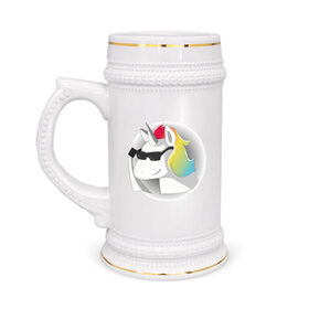 Кружка пивная с принтом Unicorn в Тюмени,  керамика (Материал выдерживает высокую температуру, стоит избегать резкого перепада температур) |  объем 630 мл | Тематика изображения на принте: unicorn | единорог | очки | радуга | рог | цветной