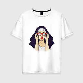 Женская футболка хлопок Oversize с принтом Монашка в Тюмени, 100% хлопок | свободный крой, круглый ворот, спущенный рукав, длина до линии бедер
 | губы | женщина | иллюстрация | монашка | очки | язык