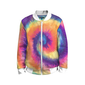 Детский бомбер 3D с принтом TIE-DYE MULTICOLOR в Тюмени, 100% полиэстер | застегивается на молнию, по бокам два кармана без застежек, мягкие манжеты, по низу бомбера и на воротнике — эластичная резинка | Тематика изображения на принте: dye | multicolor | tie | trend | акварель | брызги | градиент | дай | колор | краски | красочная | мульти | потёки | пятна | радуга | радужная | тай | тайдай | текстура | тренд | хиппи