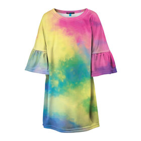 Детское платье 3D с принтом Tie-Dye в Тюмени, 100% полиэстер | прямой силуэт, чуть расширенный к низу. Круглая горловина, на рукавах — воланы | dye | multicolor | tie | trend | акварель | брызги | градиент | дай | колор | краски | красочная | мульти | потёки | пятна | радуга | радужная | тай | тайдай | текстура | тренд | хиппи