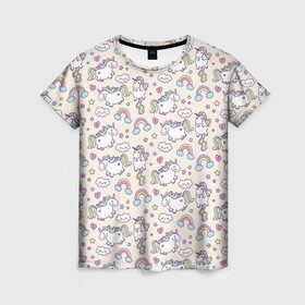Женская футболка 3D с принтом Единорог в Тюмени, 100% полиэфир ( синтетическое хлопкоподобное полотно) | прямой крой, круглый вырез горловины, длина до линии бедер | арт | единорог | единороги | звезда | звёзды | лошади | облако | облачко | пони | радуга | рисунок